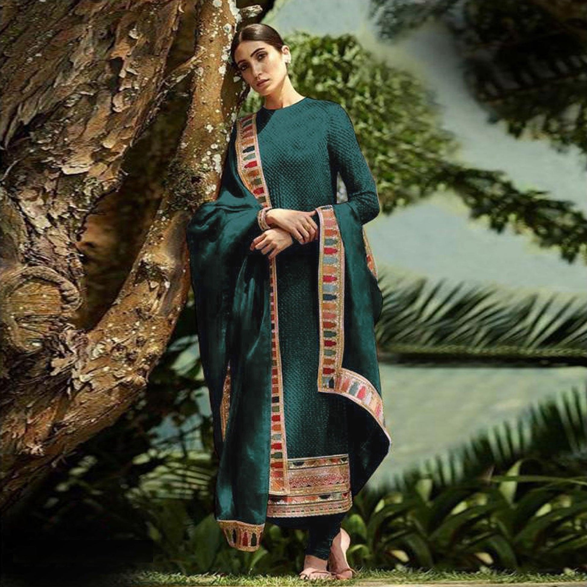 Dark Green Sequins Embroidered Georgette Salwar Suit