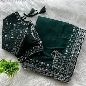 Dark Green Soft Silk Saree with Elegant Rubber Weaving & Heavy Embroidery Work