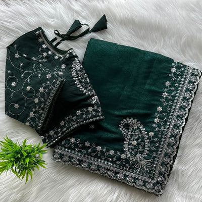Dark Green Soft Silk Saree with Elegant Rubber Weaving & Heavy Embroidery Work