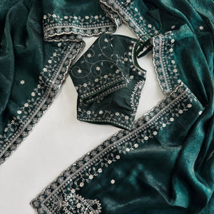 Dark Green Soft Silk Saree with Elegant Rubber Weaving & Heavy Embroidery Work