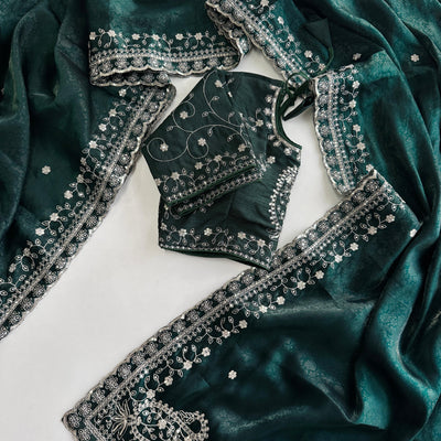 Dark Green Soft Silk Saree with Elegant Rubber Weaving & Heavy Embroidery Work