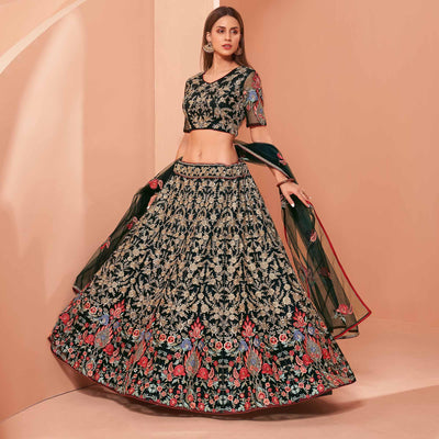 Dark Green Wedding Wear Floral Zari & Sequins Embroiederd Banglori Silk Lehenga Choli