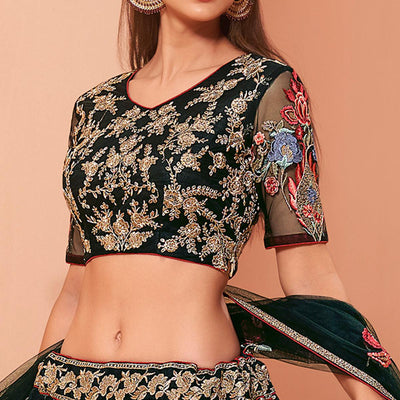 Dark Green Wedding Wear Floral Zari & Sequins Embroiederd Banglori Silk Lehenga Choli