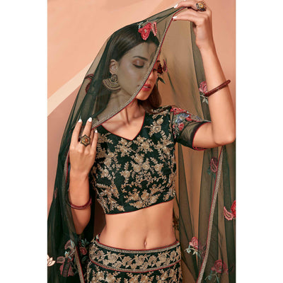 Dark Green Wedding Wear Floral Zari & Sequins Embroiederd Banglori Silk Lehenga Choli