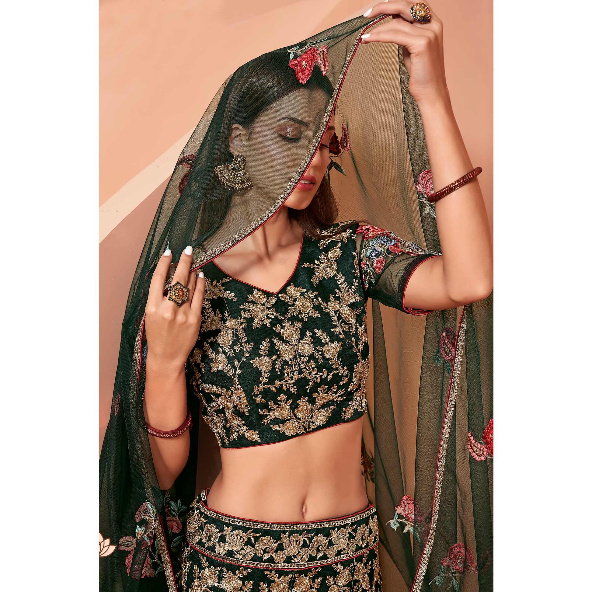Dark Green Wedding Wear Floral Zari & Sequins Embroiederd Banglori Silk Lehenga Choli