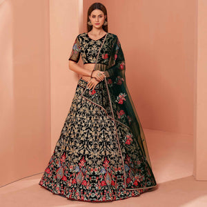 Dark Green Wedding Wear Floral Zari & Sequins Embroiederd Banglori Silk Lehenga Choli