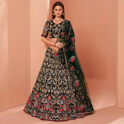 Dark Green Wedding Wear Floral Zari & Sequins Embroiederd Banglori Silk Lehenga Choli