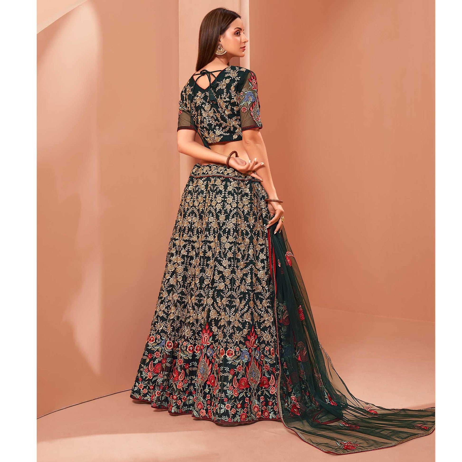 Dark Green Wedding Wear Floral Zari & Sequins Embroiederd Banglori Silk Lehenga Choli