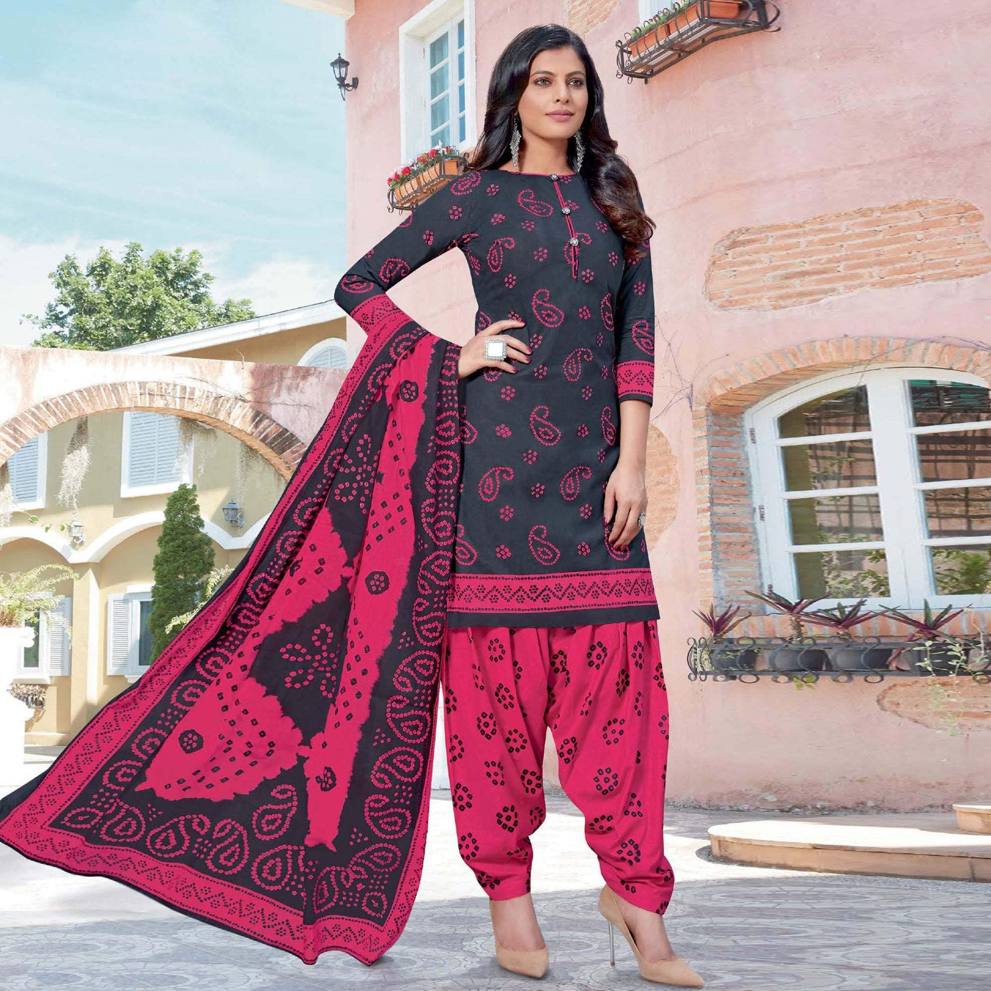 Dark Grey Casual Wear Bandhani Printed Cotton Dress Material