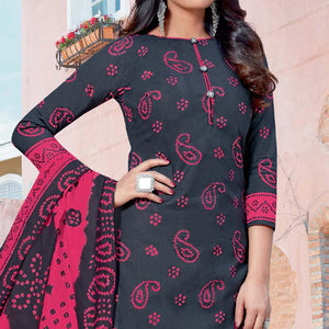 Dark Grey Casual Wear Bandhani Printed Cotton Dress Material