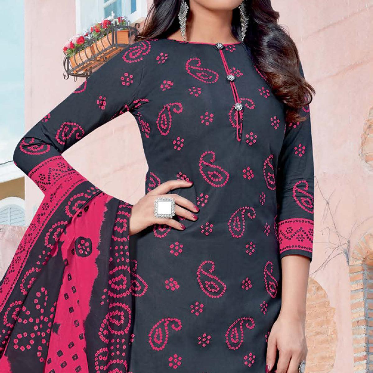Dark Grey Casual Wear Bandhani Printed Cotton Dress Material