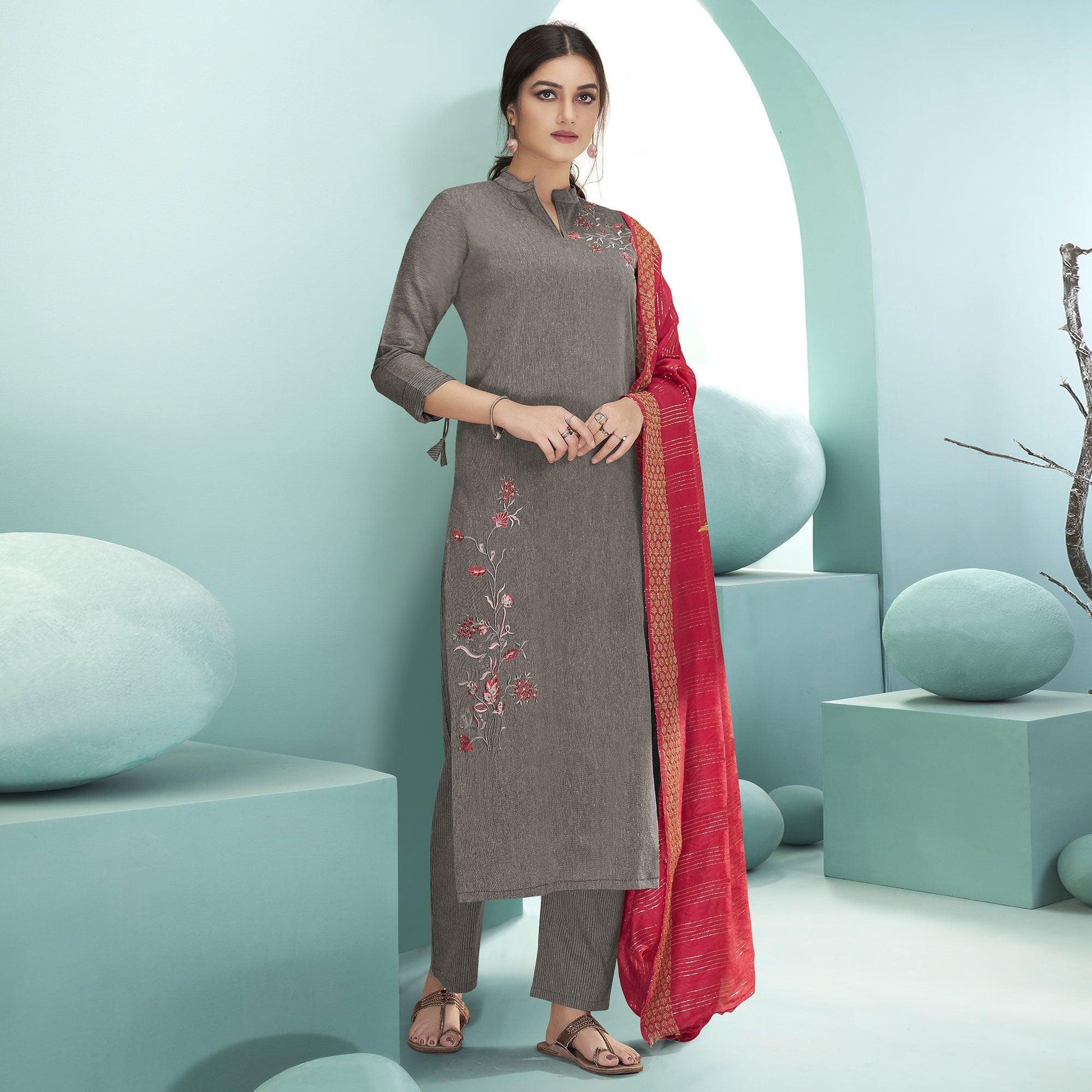 Dark Grey Casual Wear Embroidered Cotton Suit