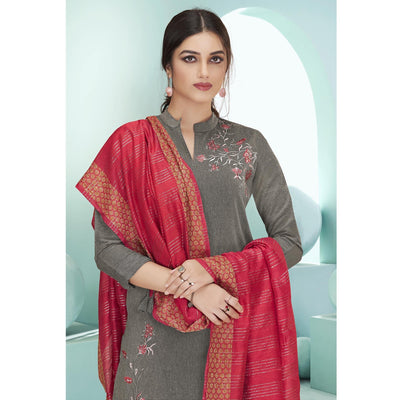 Dark Grey Casual Wear Embroidered Cotton Suit