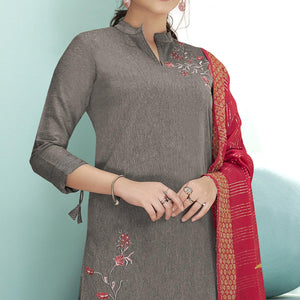Dark Grey Casual Wear Embroidered Cotton Suit