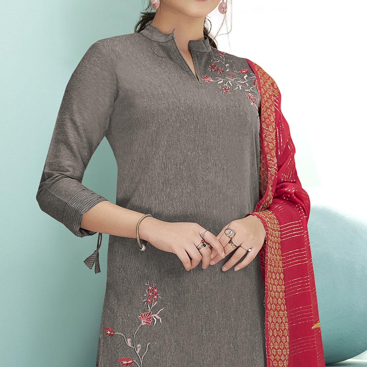 Dark Grey Casual Wear Embroidered Cotton Suit