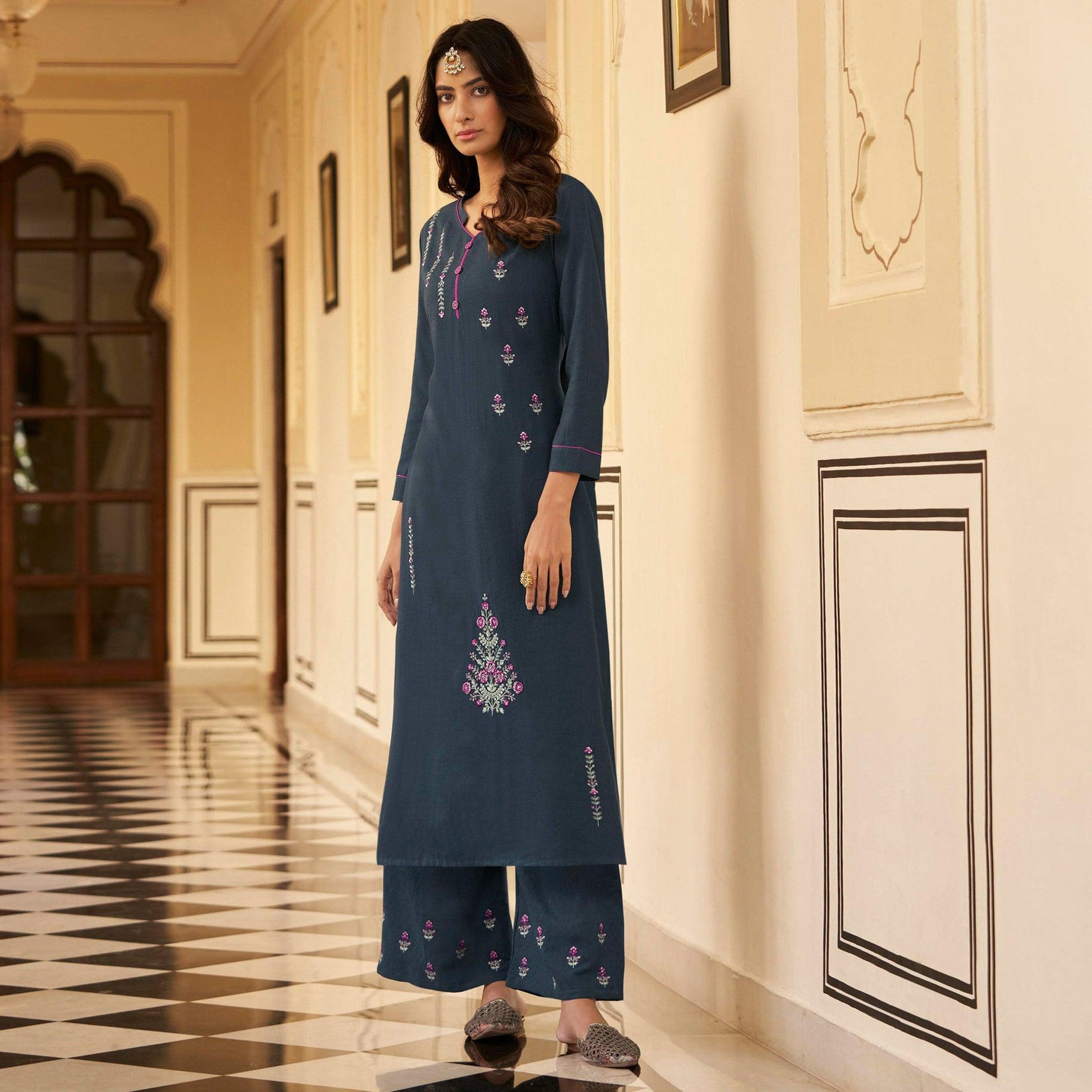 Dark Grey Casual Wear Embroidered Heavy Rayon Kurti - Palazzo Set