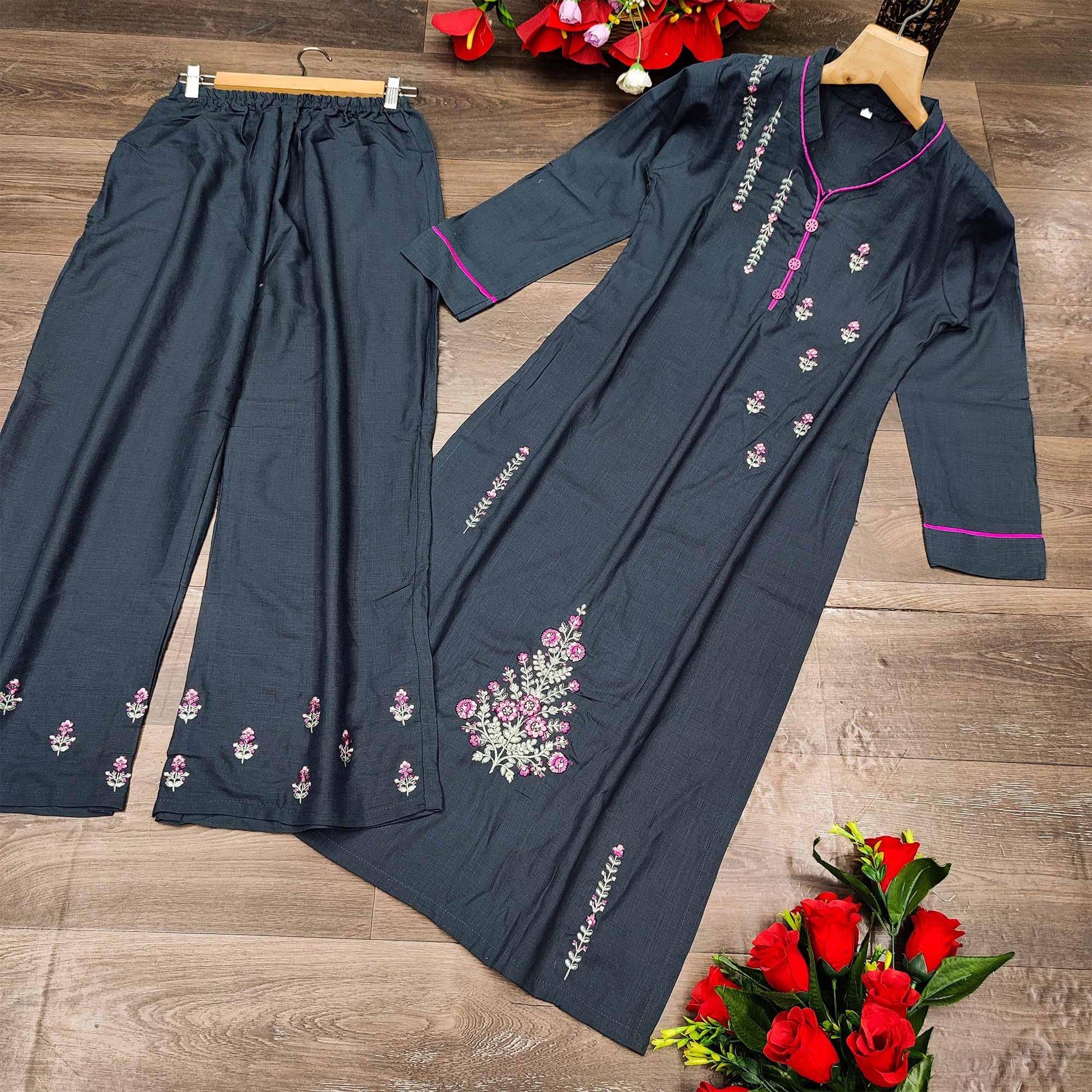 Dark Grey Casual Wear Embroidered Heavy Rayon Kurti - Palazzo Set