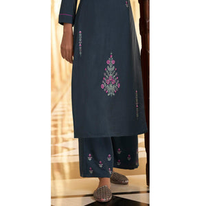 Dark Grey Casual Wear Embroidered Heavy Rayon Kurti - Palazzo Set