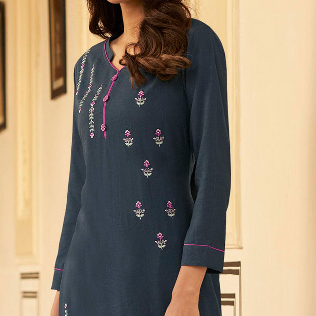 Dark Grey Casual Wear Embroidered Heavy Rayon Kurti - Palazzo Set