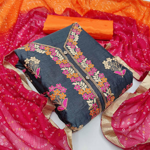 Dark Grey Casual Wear Floral Embroidery With Hand Work Modal Chanderi Dress Material