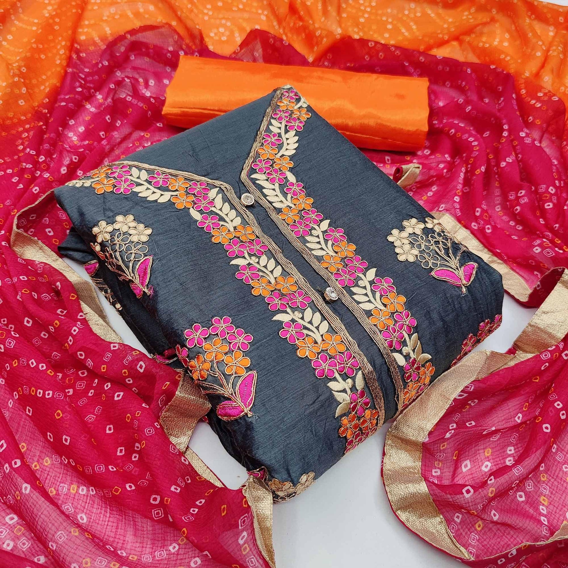 Dark Grey Casual Wear Floral Embroidery With Hand Work Modal Chanderi Dress Material