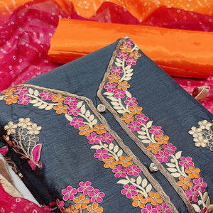 Dark Grey Casual Wear Floral Embroidery With Hand Work Modal Chanderi Dress Material