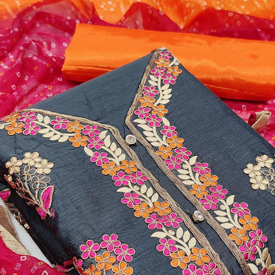 Dark Grey Casual Wear Floral Embroidery With Hand Work Modal Chanderi Dress Material