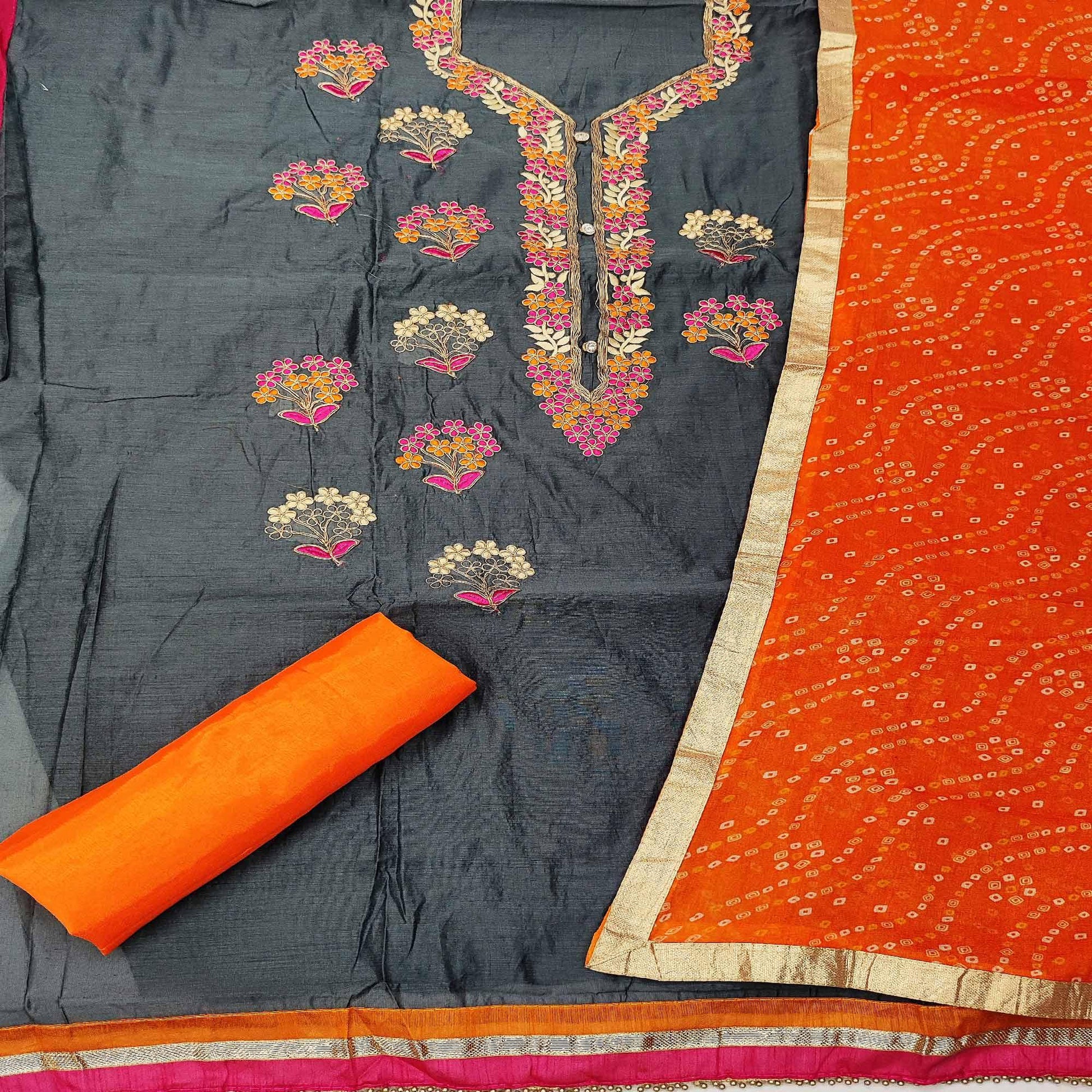 Dark Grey Casual Wear Floral Embroidery With Hand Work Modal Chanderi Dress Material