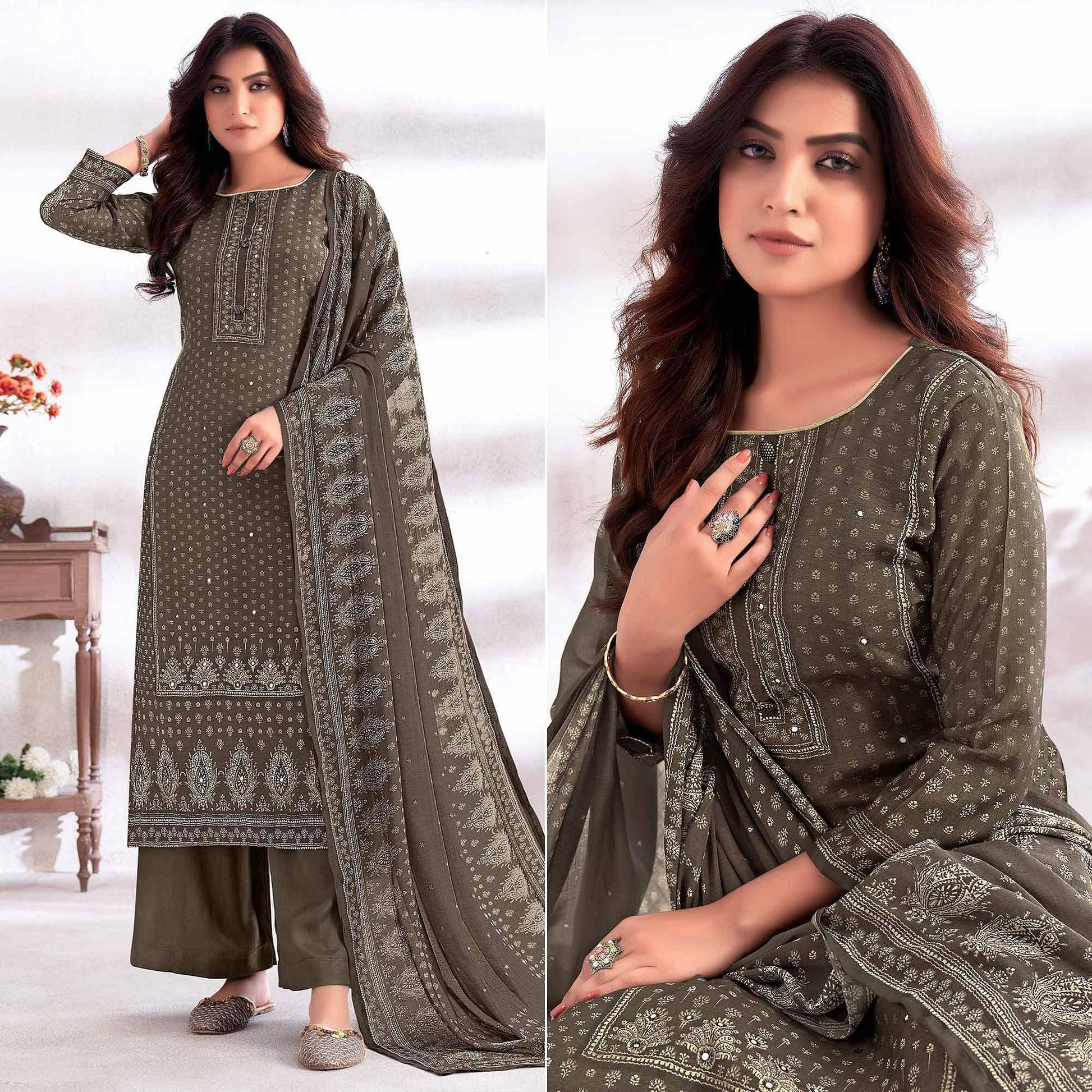 Dark Grey Digital Printed & Hand Work Cotton Silk Suit