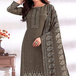 Dark Grey Digital Printed & Hand Work Cotton Silk Suit