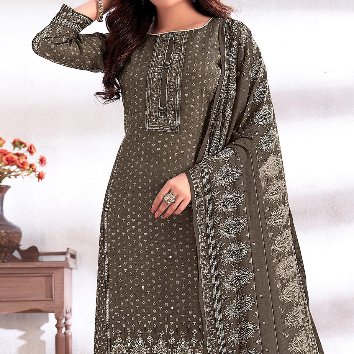 Dark Grey Digital Printed & Hand Work Cotton Silk Suit