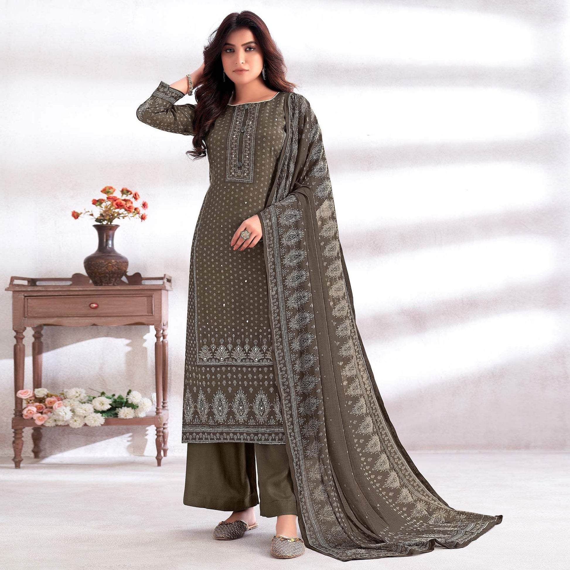 Dark Grey Digital Printed & Hand Work Cotton Silk Suit