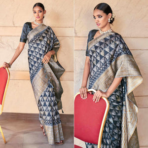 Dark Grey Digital Printed Art Silk Saree With Tassels