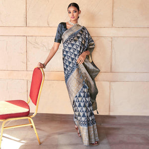 Dark Grey Digital Printed Art Silk Saree With Tassels