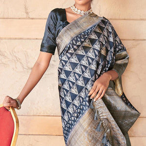 Dark Grey Digital Printed Art Silk Saree With Tassels