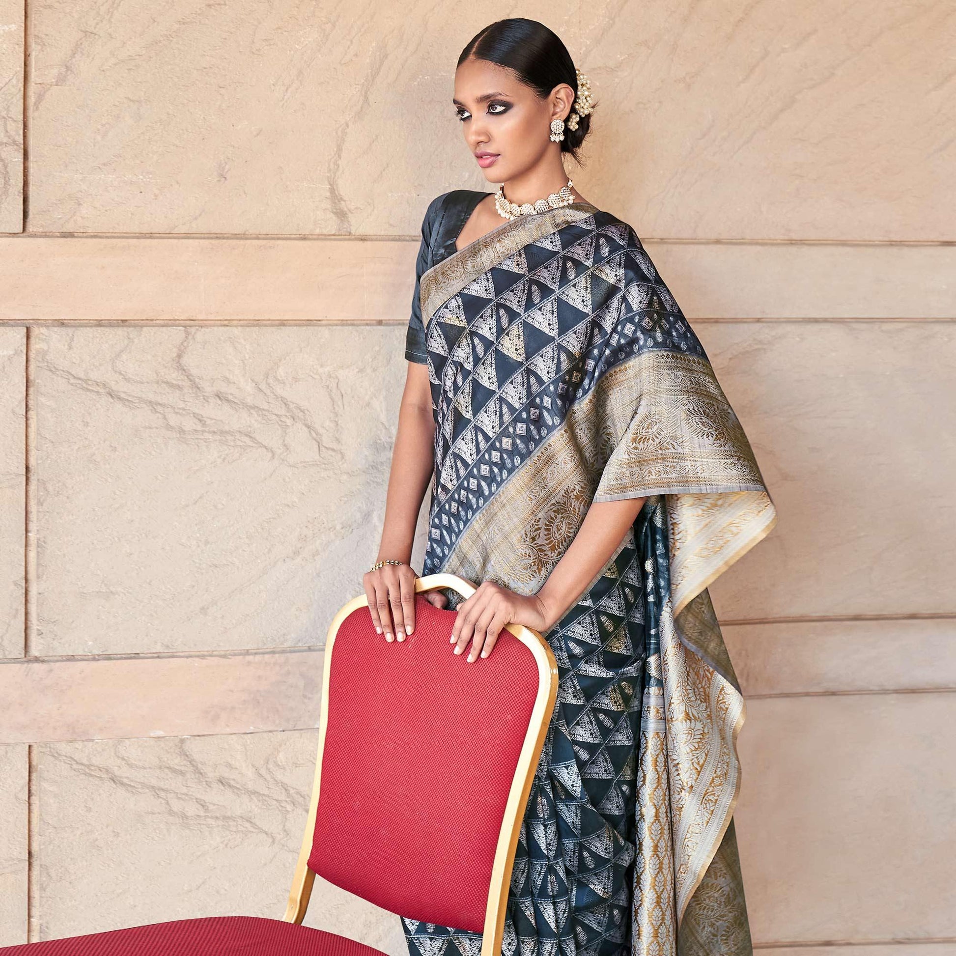 Dark Grey Digital Printed Art Silk Saree With Tassels