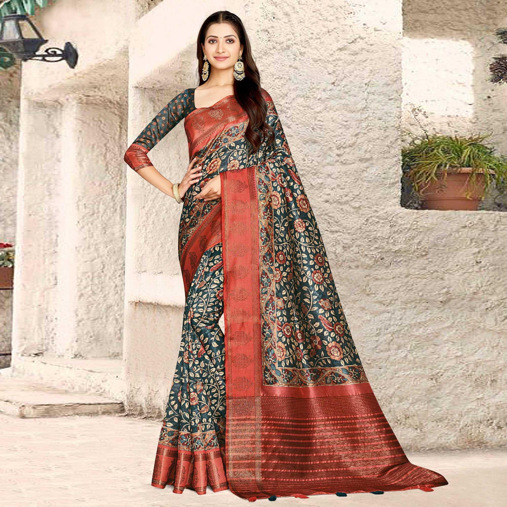 Dark Grey Digital Printed Tussar Silk Saree With Tassels