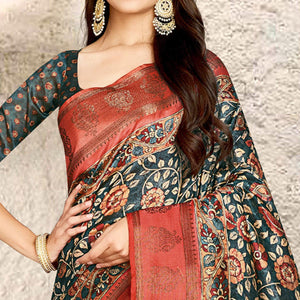 Dark Grey Digital Printed Tussar Silk Saree With Tassels