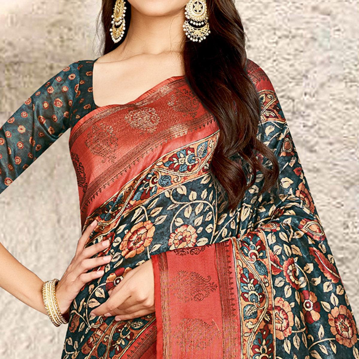 Dark Grey Digital Printed Tussar Silk Saree With Tassels