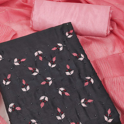 Dark Grey Embroidered Cotton Blend Dress Material