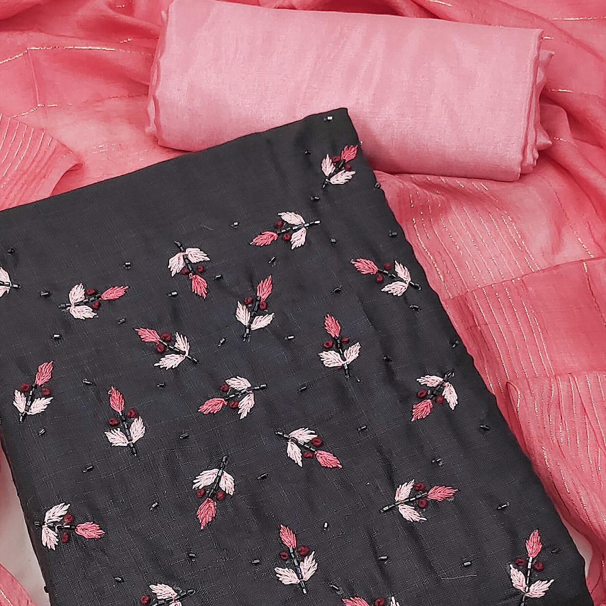 Dark Grey Embroidered Cotton Blend Dress Material