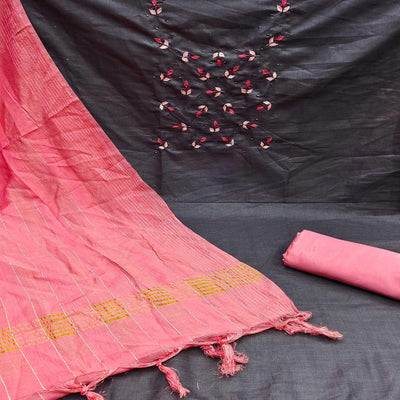 Dark Grey Embroidered Cotton Blend Dress Material