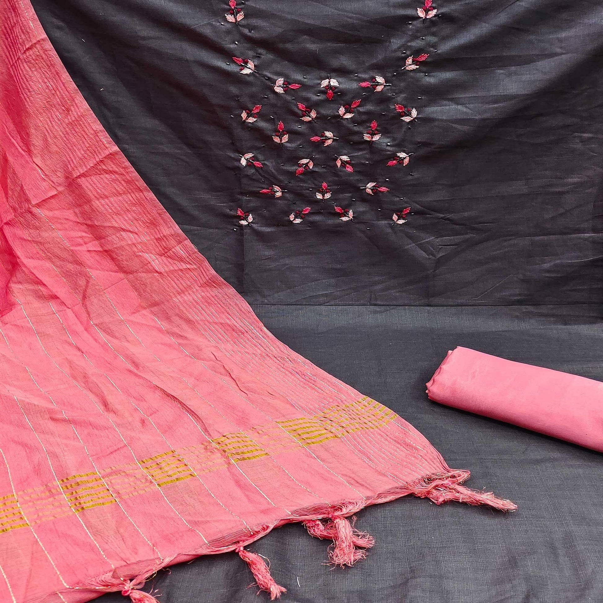 Dark Grey Embroidered Cotton Blend Dress Material