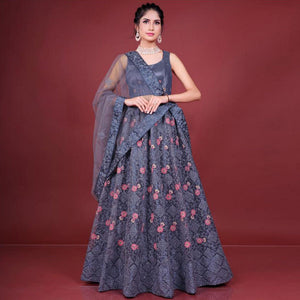 Dark Grey Embroidered Netted Lehenga Choli