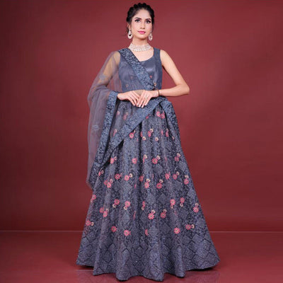 Dark Grey Embroidered Netted Lehenga Choli