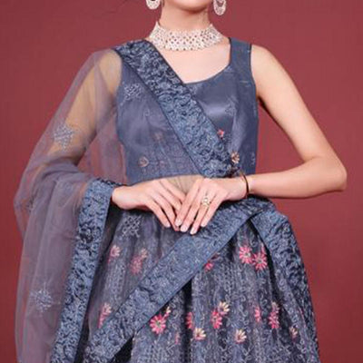 Dark Grey Embroidered Netted Lehenga Choli