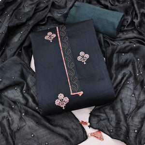 Dark Grey Embroidered Cotton Blend Dress Material