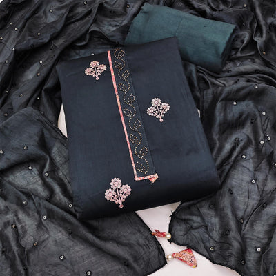 Dark Grey Embroidered Cotton Blend Dress Material