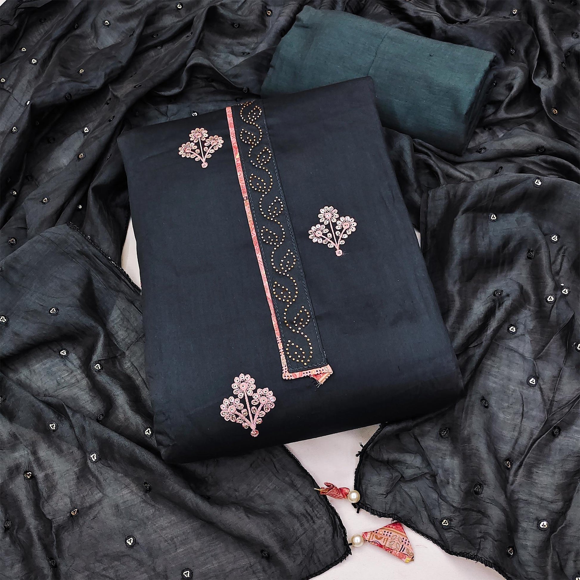 Dark Grey Embroidered Cotton Blend Dress Material