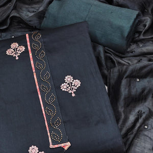 Dark Grey Embroidered Cotton Blend Dress Material